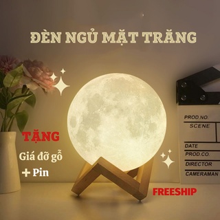 Đèn ngủ, đèn ngủ để bàn hình mặt trăng 3d có kèm đế gỗ nobita official