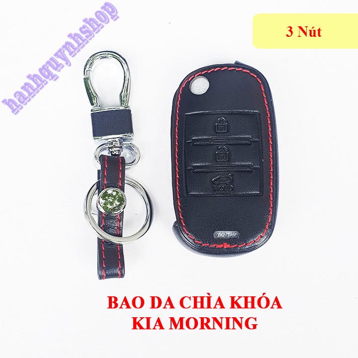 Bao da chìa khóa Kia Morning màu đen chỉ đỏ tặng kèm móc
