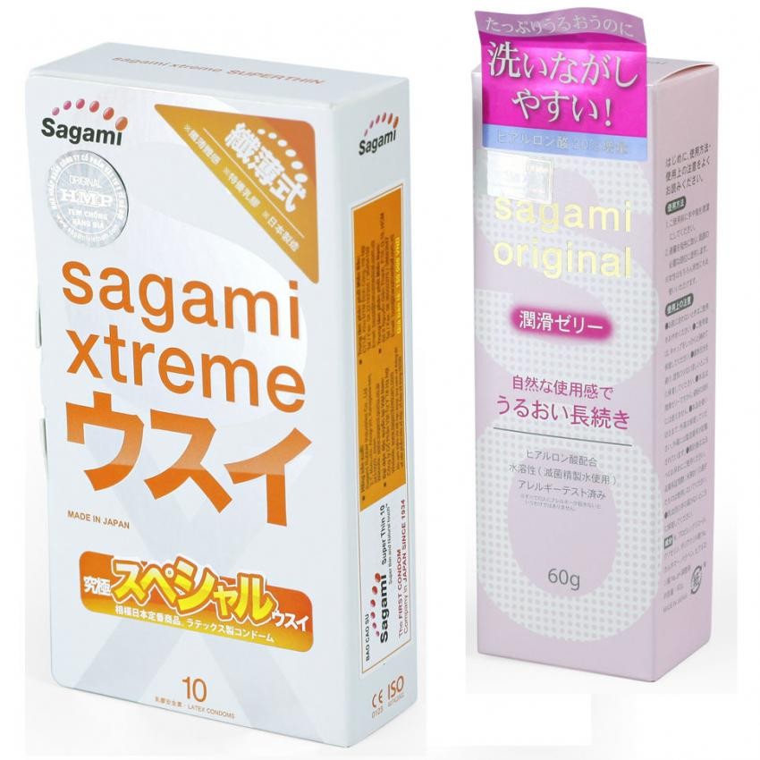 Combo bao cao su siêu mỏng Sagami Super Thin 10 bao và gel bôi trơn tạo độ ẩm Sagami Original 60G