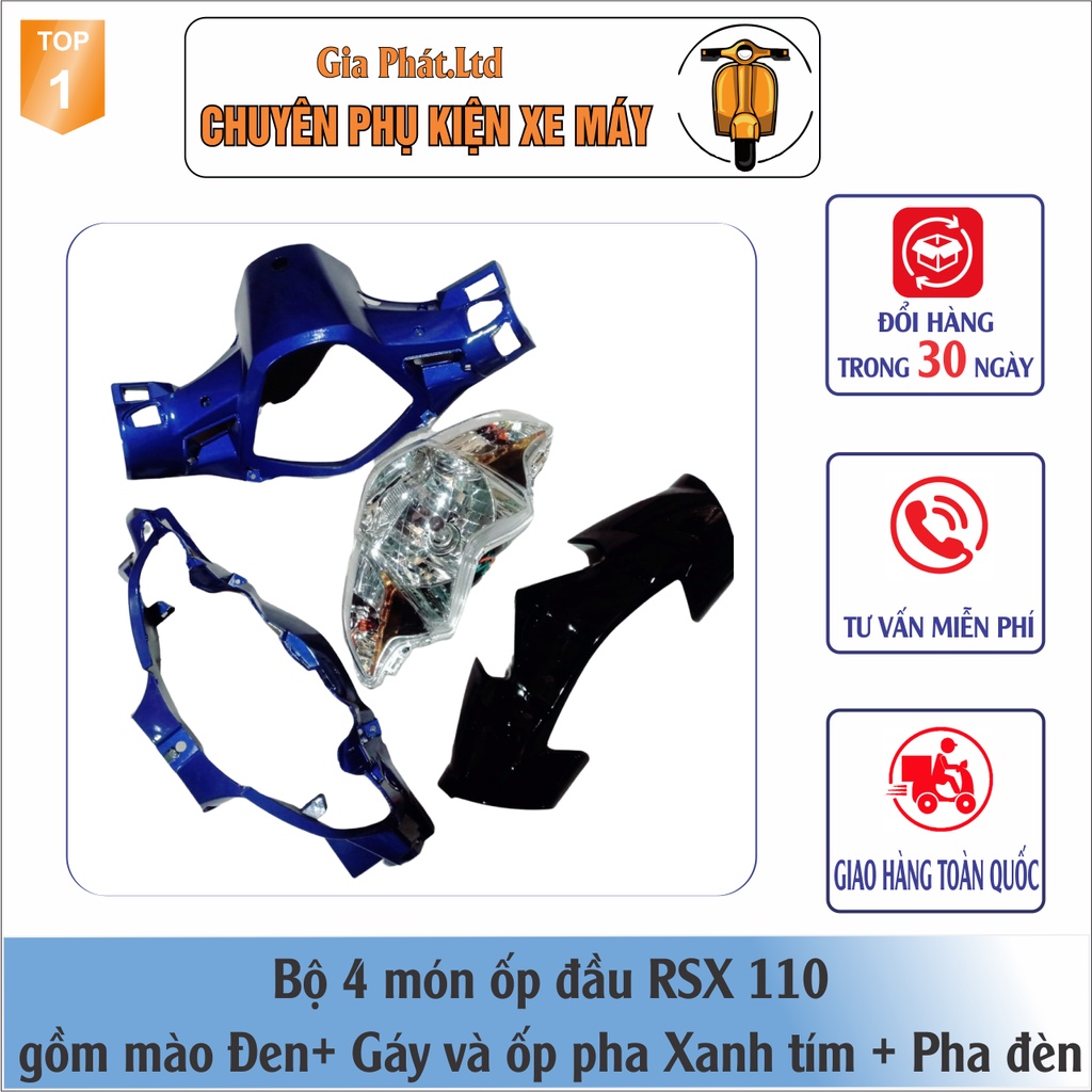 Combo ốp đầu Wave RSX 110  gồm Mào ĐEN - Gáy XANH TÍM - và Pha đèn kèm bóng