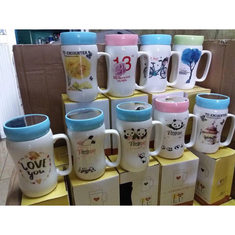 Cốc SỨ GIỮ NHIỆT 400ML NẮP TRÁNG GƯƠNG có tay cầm,in họa tiết ngẫu nhiên