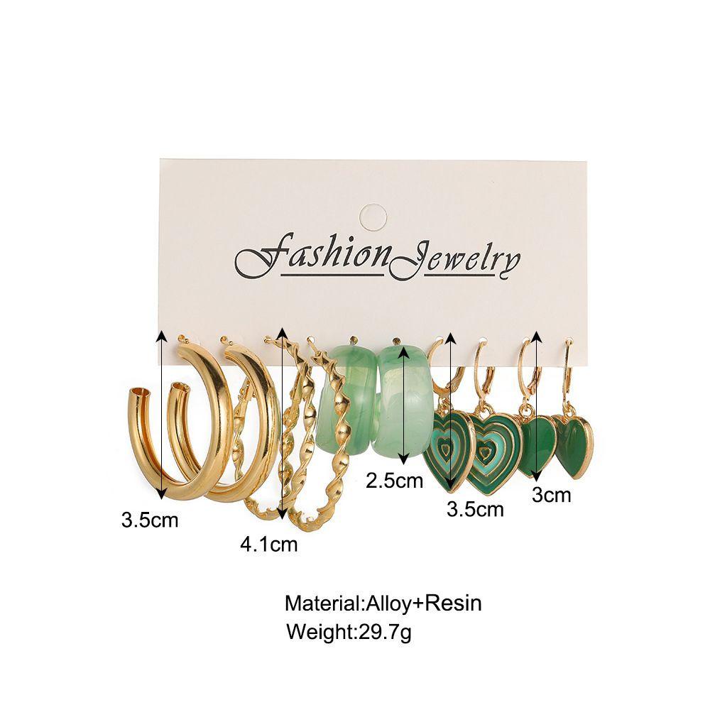 Bộ 5 / 6 / 9 Cặp Khuyên Tai Vòng / 9 Cặp Họa Tiết Trái Tim Màu Xanh Lá Cây Xinh Xắn Thời Trang Cho Nữ