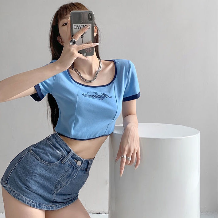Áo Croptop Tay Ngắn Dáng Ôm In Chữ Màu Sắc Tương Phản Thời Trang Mùa Hè Xinh Xắn Cho Nữ