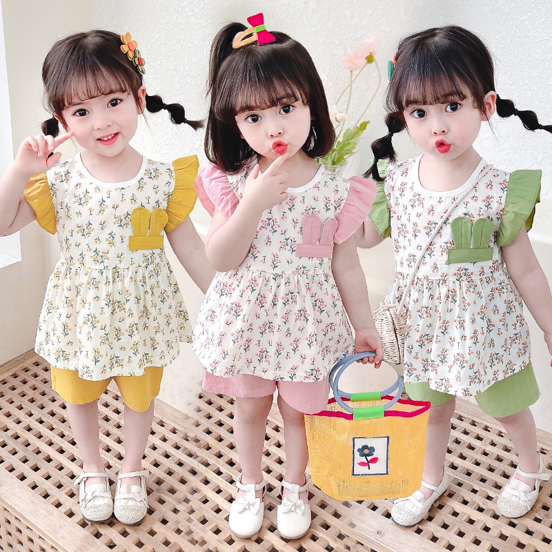 Set Đồ 2 Món Gồm Áo In Họa Tiết Hoa + Chân Váy Ngắn Dễ Thương Cho Bé Gái 0-4 Tuổi