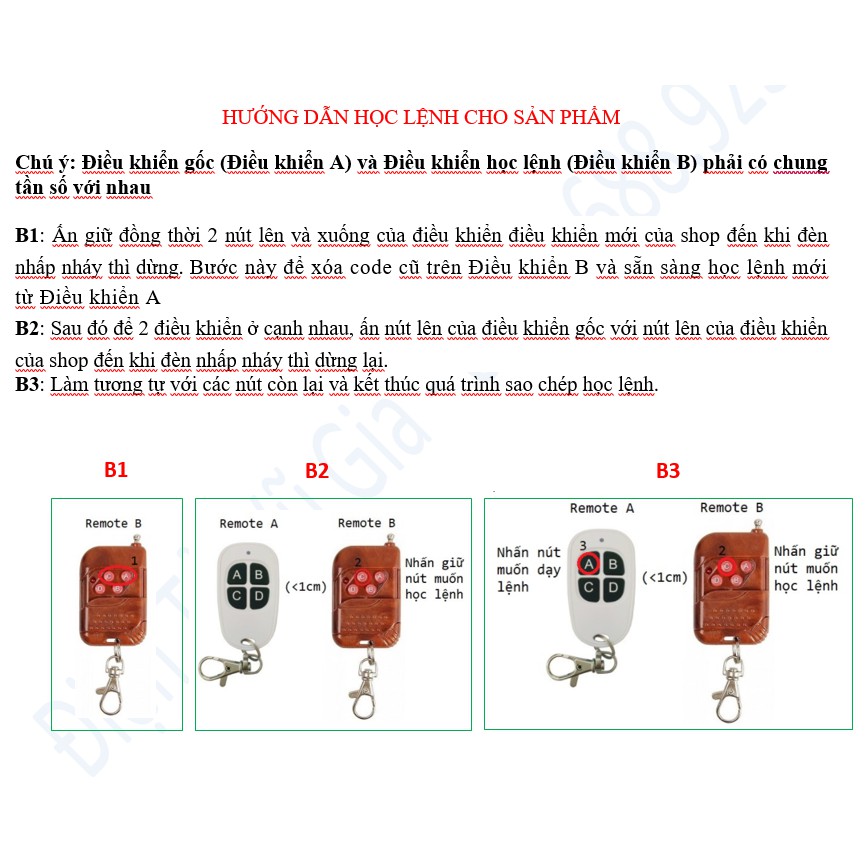 Remote Điều khiển cửa cuốn tự học lệnh, chống nước, tần số 433 Hz- Hàng chính hãng mới 100% Tặng kèm Pin!!!