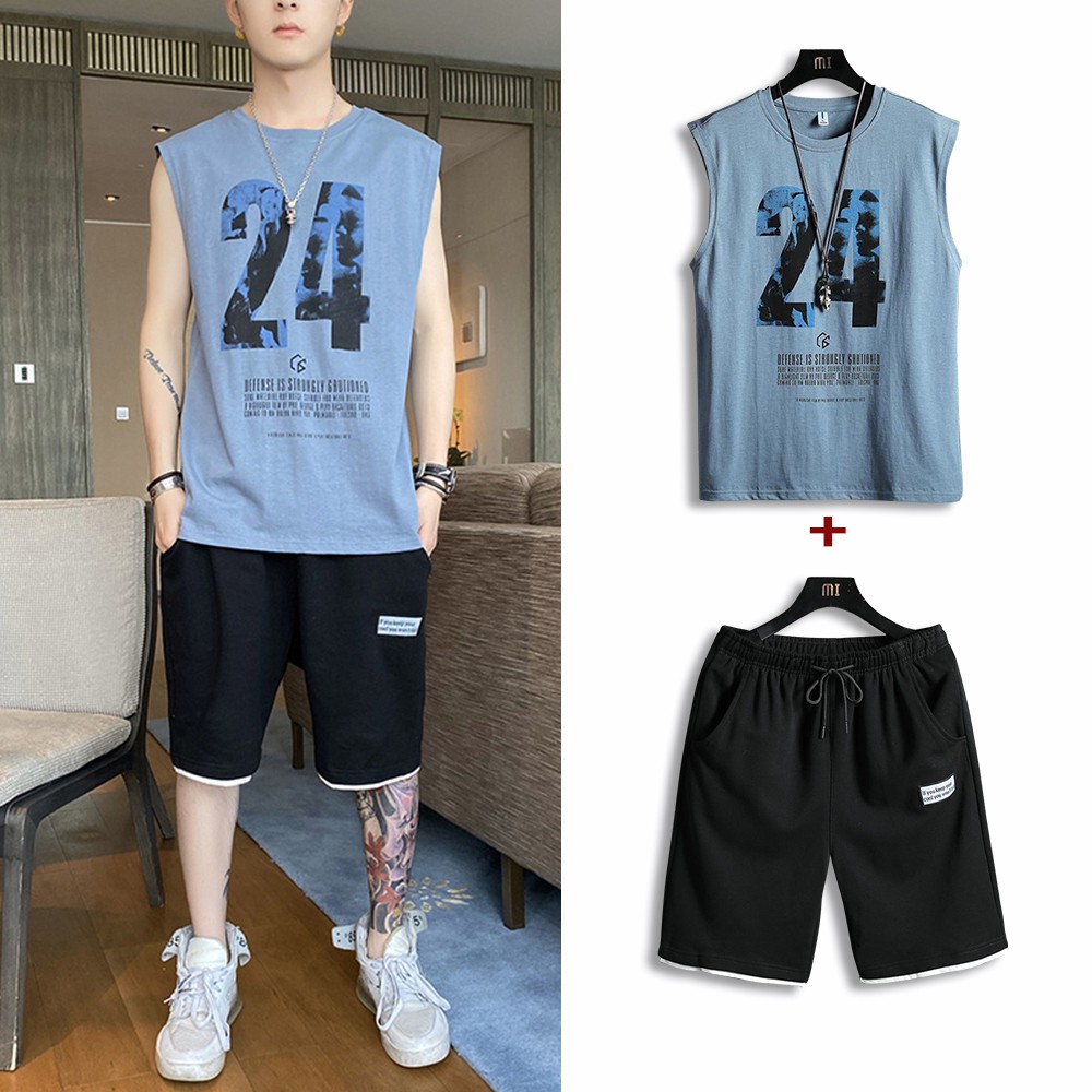 Bộ Đồ Thun Nam 24 Áo 3 Lỗ Khoét Nách Cổ Tròn Quần Short Đùi Thể Thao Có Túi MENFASHION 90000160C | BigBuy360 - bigbuy360.vn
