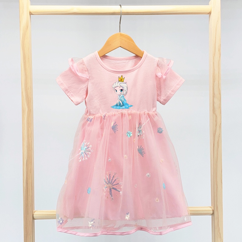 Đầm Công Chúa Elsa Anna Frozen 2 Bằng Cotton Tay Ngắn Phối Lưới Kiểu Hoạt Hình Cho Bé Gái