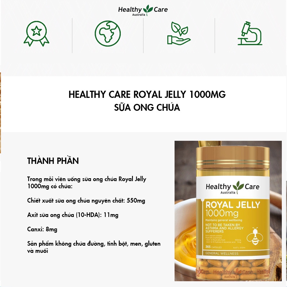 Viên uống sữa ong chúa Healthy Care Royal Jelly hỗ trợ làm đẹp da làm chậm lão hóa 365 viên