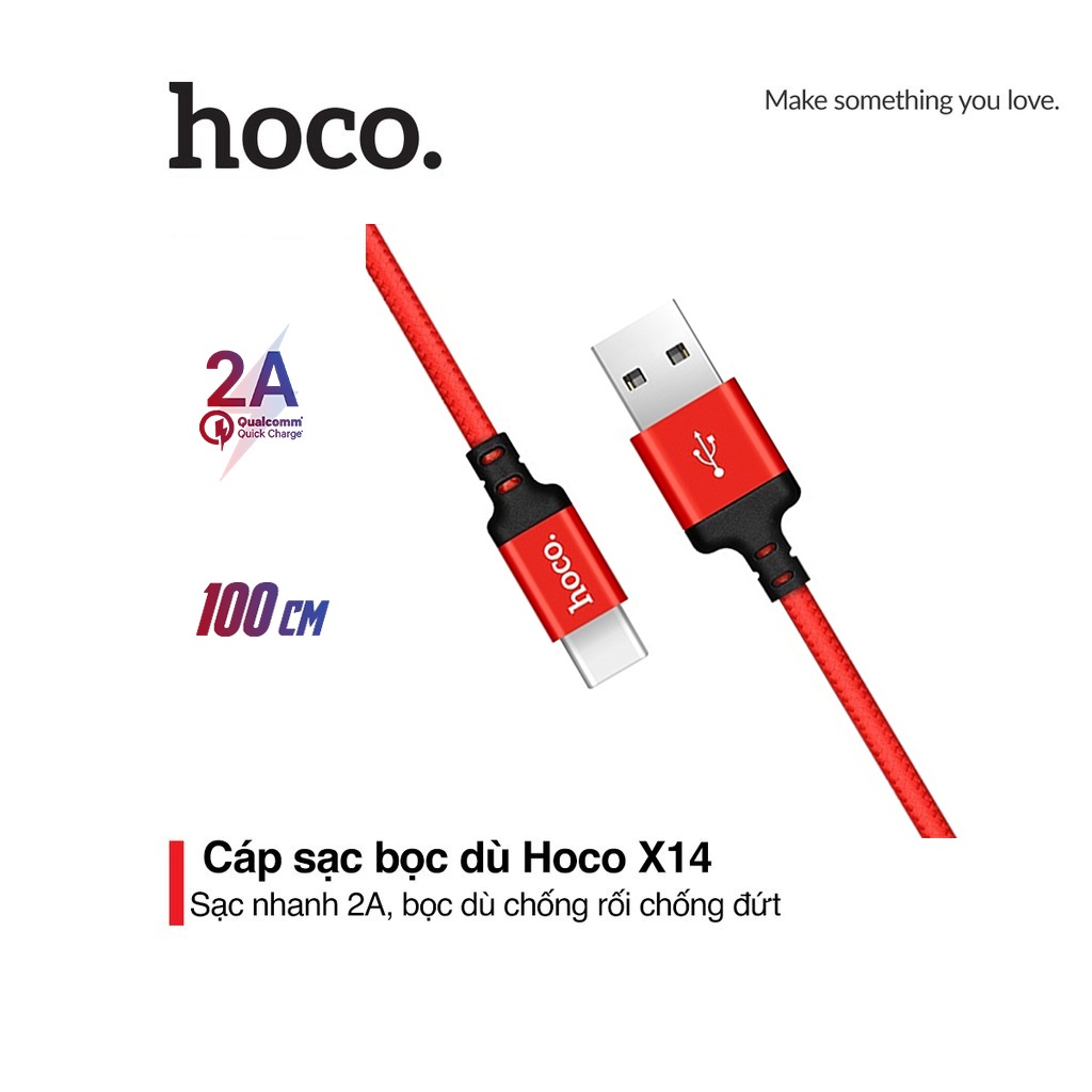 Cáp sạc 2A Hoco X14 Type-C chất liệu vải dù truyền dữ liệu nhanh chóng ổn định dài 1M cho Android