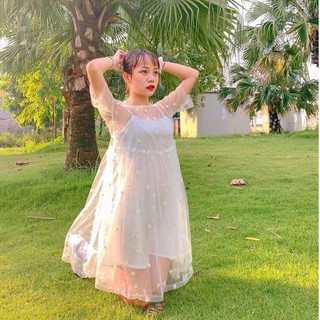 SET VÁY BABYDOLL VOAN HOA CÚC HỌA MI ĐẦM 2 DÂY TRẮNG MIX VÁY REN LƯỚI SIÊU HOT