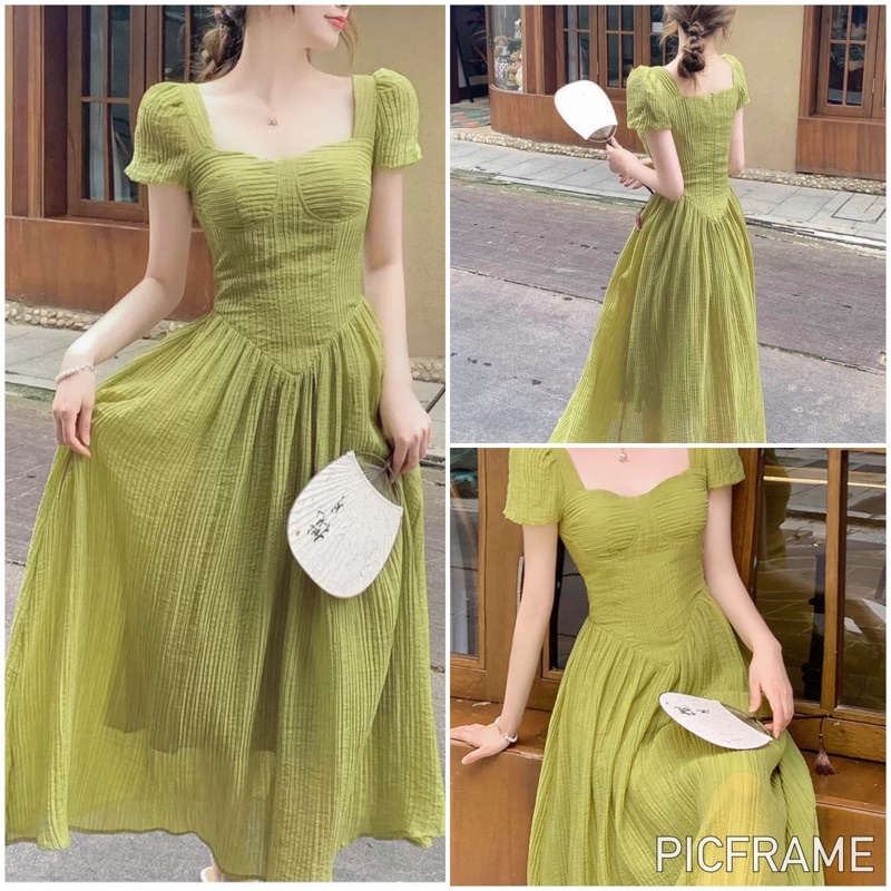 Đầm Xanh Chất Tơ Xốp Cổ Vuông Tay Bồng Dáng Xoè Thắt Eo 2 Lớp Siêu Xinh