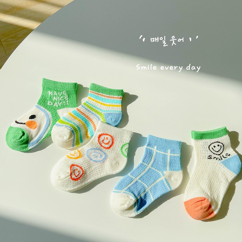 Set 5 đôi vớ KokoroCare MSW-06 cotton mỏng thoáng khí in hình mặt cười nhiều màu S/M/L cho bé trai 1-12 tuổi