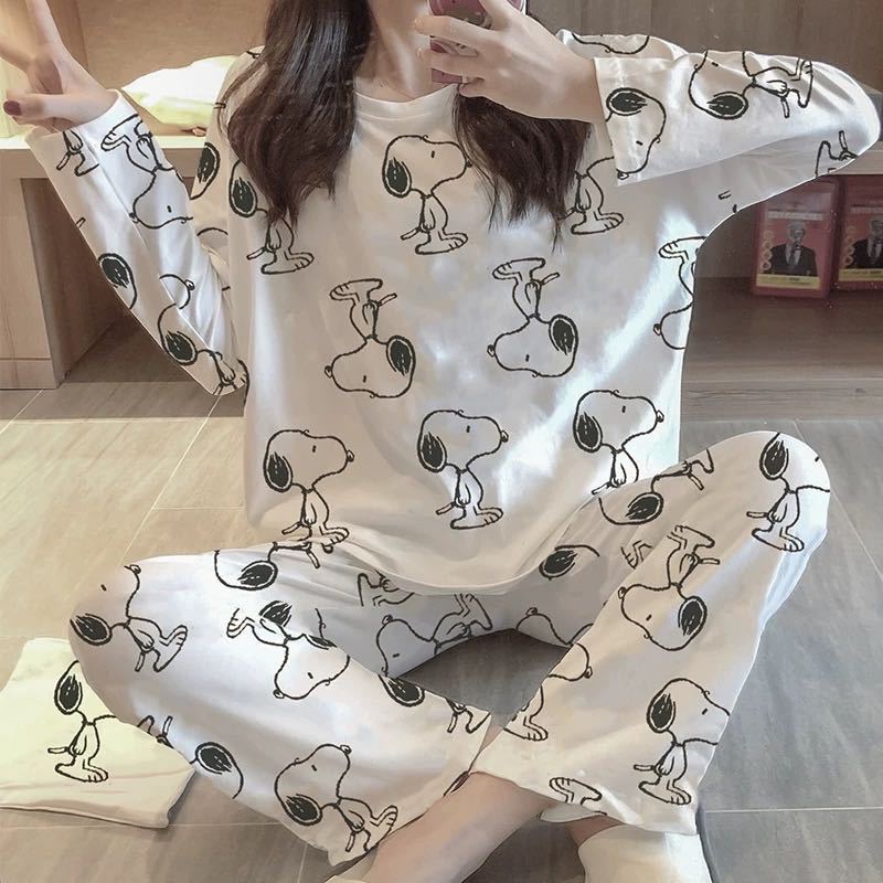 Đồ bộ nữ mặc nhà dễ thương, đồ ngủ dài tay thu đông chất thun mềm phối nơ cao cấp