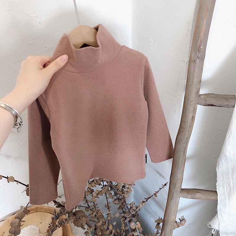Áo thun dài tay cổ cao màu trơn dễ phối đồ cho bé gái