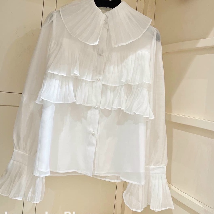 Áo sơ mi nữ công sở dài tay màu trắng đi học sinh cổ bèo tầng dáng rộng - Áo sơ mi vintage- Yesnow | BigBuy360 - bigbuy360.vn
