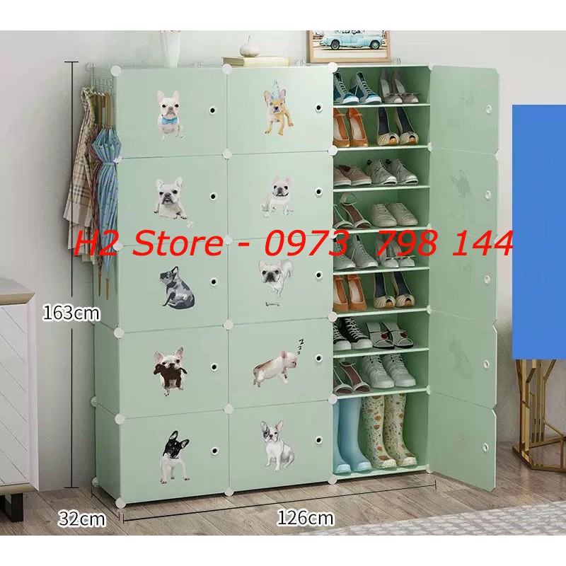 TỦ ĐỂ GIÀY LẮP GHÉP ĐA NĂNG 3 Ô TO + 24 Ô (chia ô) MÀU CỐM CỬA CÚN NGŨ SẮC