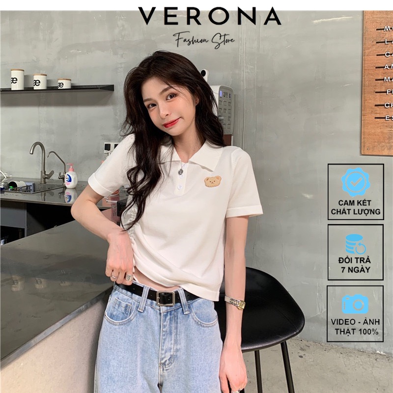 Áo Croptop Nữ Polo Dây Rút Cách Điệu - Thêu Hình Gấu Cute