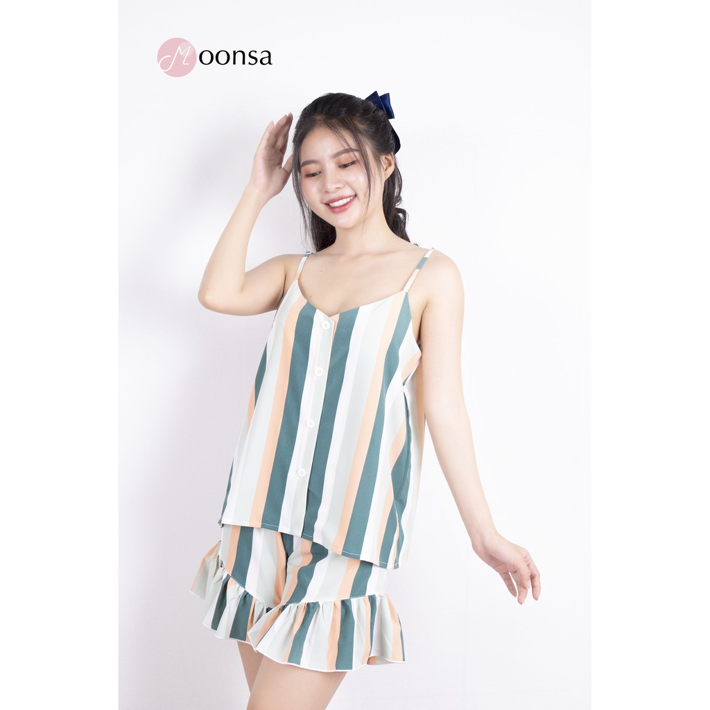 Bộ Đồ Ngủ Lụa Hàn Kẻ Sọc Bèo Nhún [ Moonsa ]