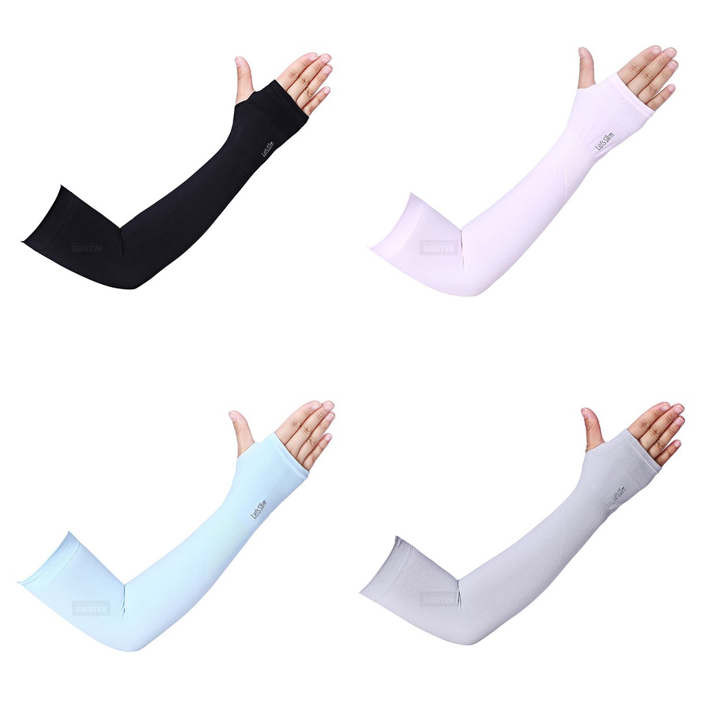 Đôi ống tay dài màu đen LetSlim che nắng có xỏ ngón vải co dãn mỏng nhẹ thấm hút mồ hôi hiệu quả, tiện lợi