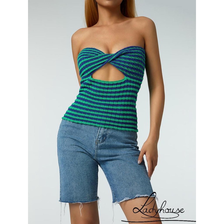 Áo Ống Dệt Kim Họa Tiết Kẻ Sọc Rỗng Hở Lưng Gợi Cảm Thời Trang Cho Nữ