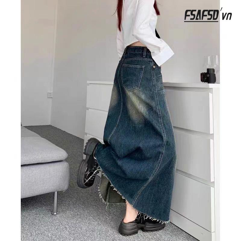 Chân Váy Denim Dài Dáng Chữ A Phong Cách Retro Dành Cho Nữ