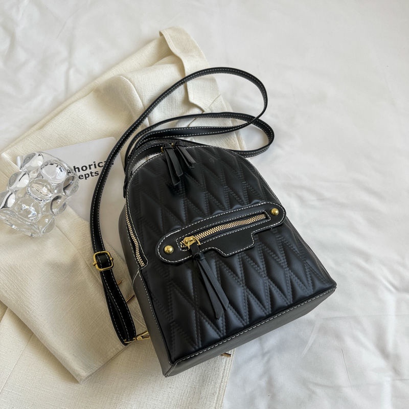 Ba Lô Da Chuwanglin Sọc Ca Rô Phối Khóa Kéo Đôi Thời Trang Cá Tính Cho Nữ