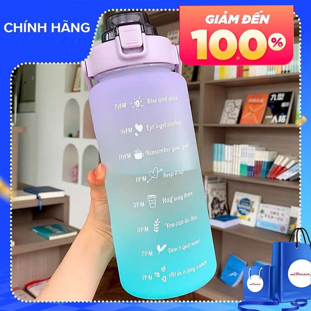 Bình dành cho người lười uống nước, có vạch chia nhắc báo giờ uống nước TẶNG ống hút xịn và sticker dễ thương - miDoctor