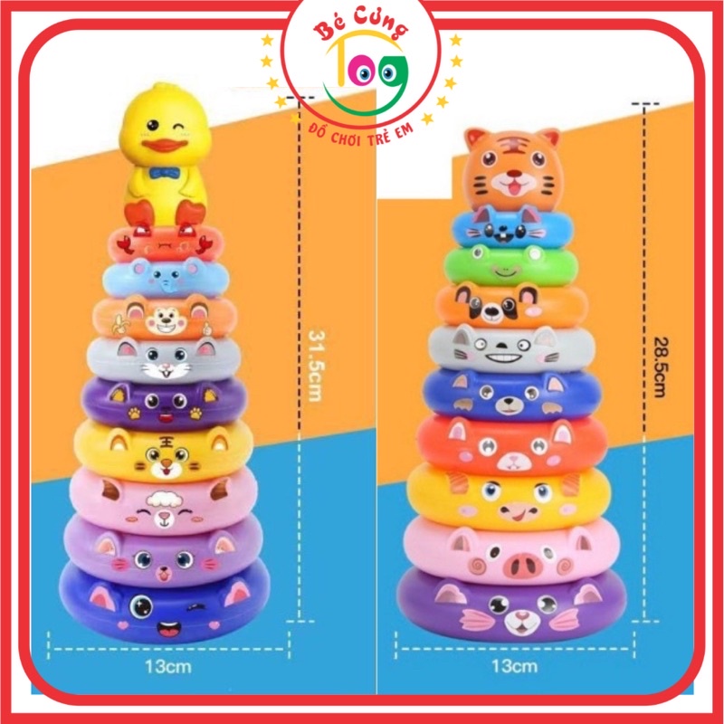 Đồ Chơi Tháp Xếp Chồng 9 Vòng Tròn Cỡ Lớn Kèm Sticker Dán Trang Trí Hình Động Vật Dễ Thương Dành Cho Bé