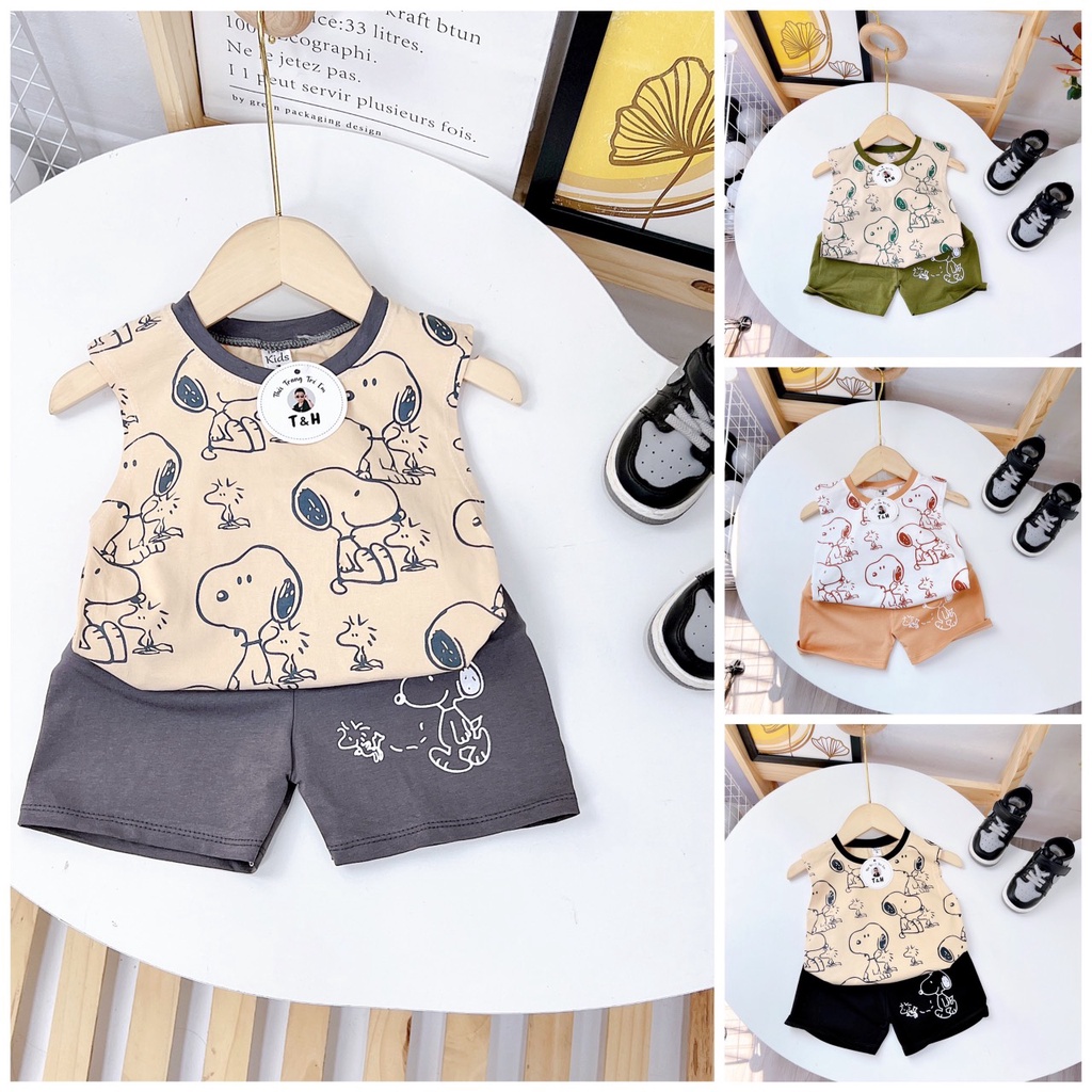 Đồ bộ bé trai, Bộ quần áo thun cotton Snoopy, Set áo ba lỗ sát nách và quần đùi cạp chun cho bé từ 7 - 18 kg, SUN KID'S
