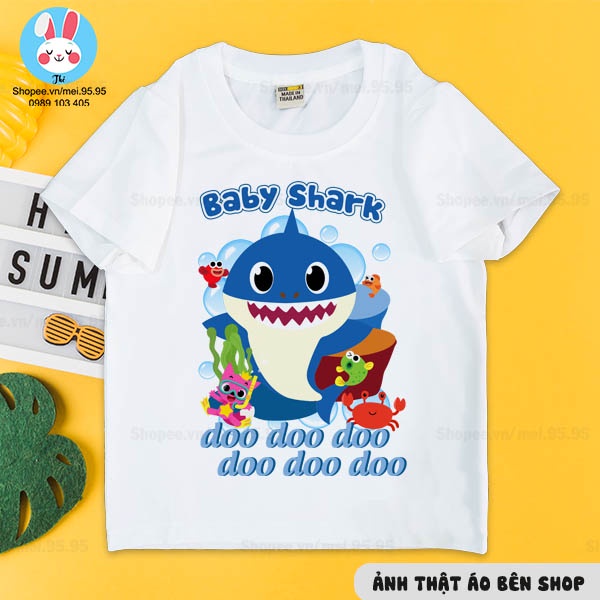 Áo thun baby shark cho bé trai và bé gái,áo trắng in hình baby shark siêu nét cute )