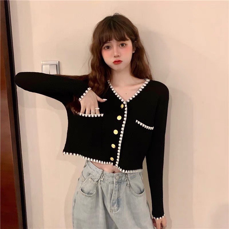 áo len khoác cardigan hàng khuy (cúc) kiểu viền nổi bật mix 2 túi (6563-1#)