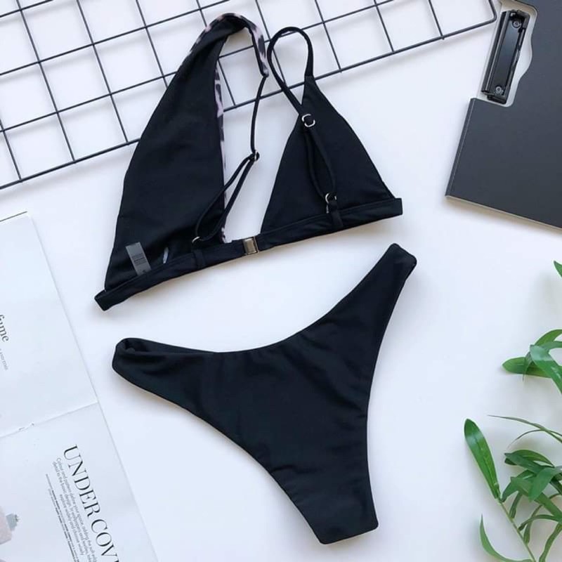 [BKN522] &lt;ÂU&gt; SET BIKINI LỆCH VAI ĐEN MIX BEO