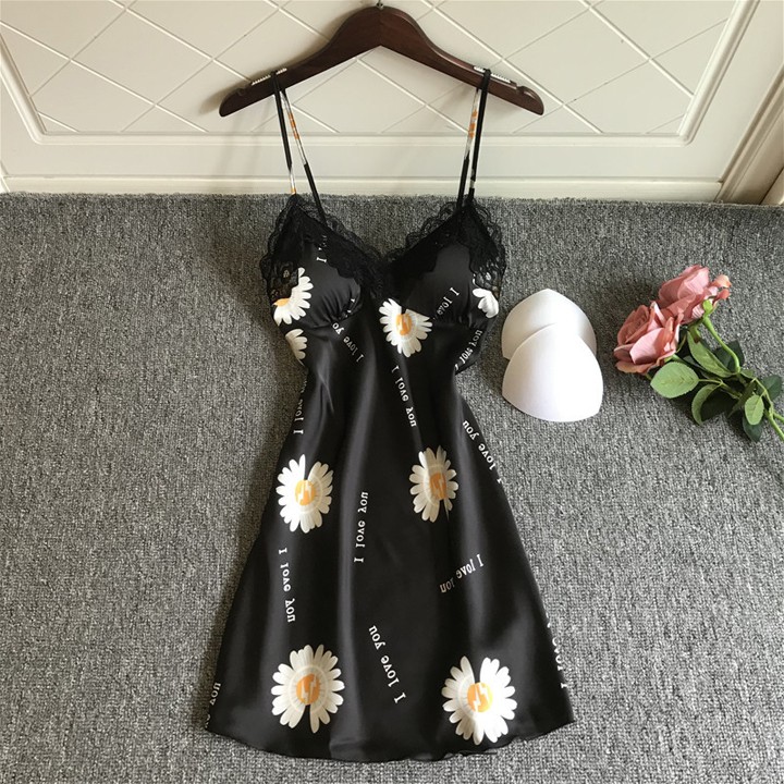 Váy ngủ lụa 2 dây họa tiết hoa cúc hot trend hàng nhập cao cấp có kèm đệm ngực