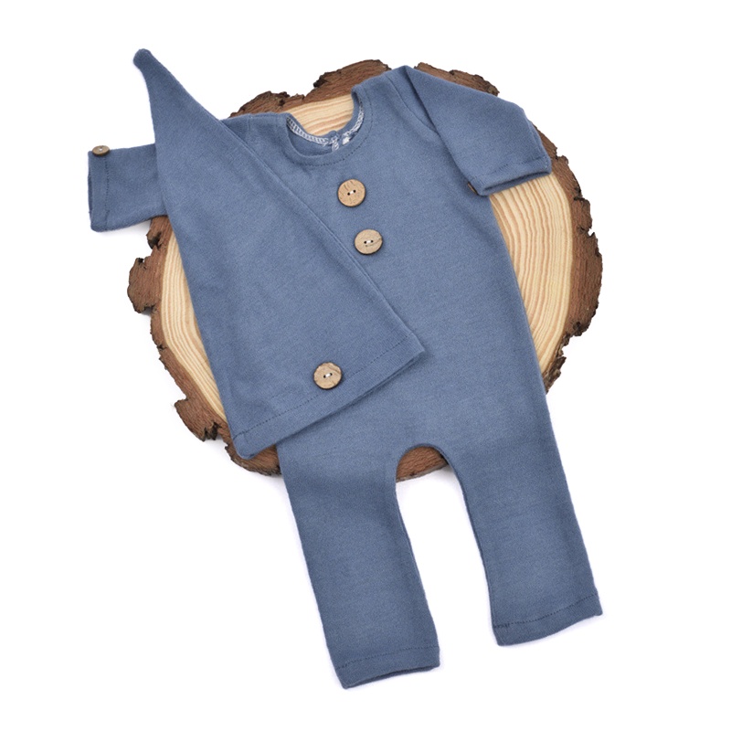 Bộ 2 Món Áo Liền Quần Màu Trơn Cài Nút + Mũ Đuôi Dài + Băng Đô Chụp