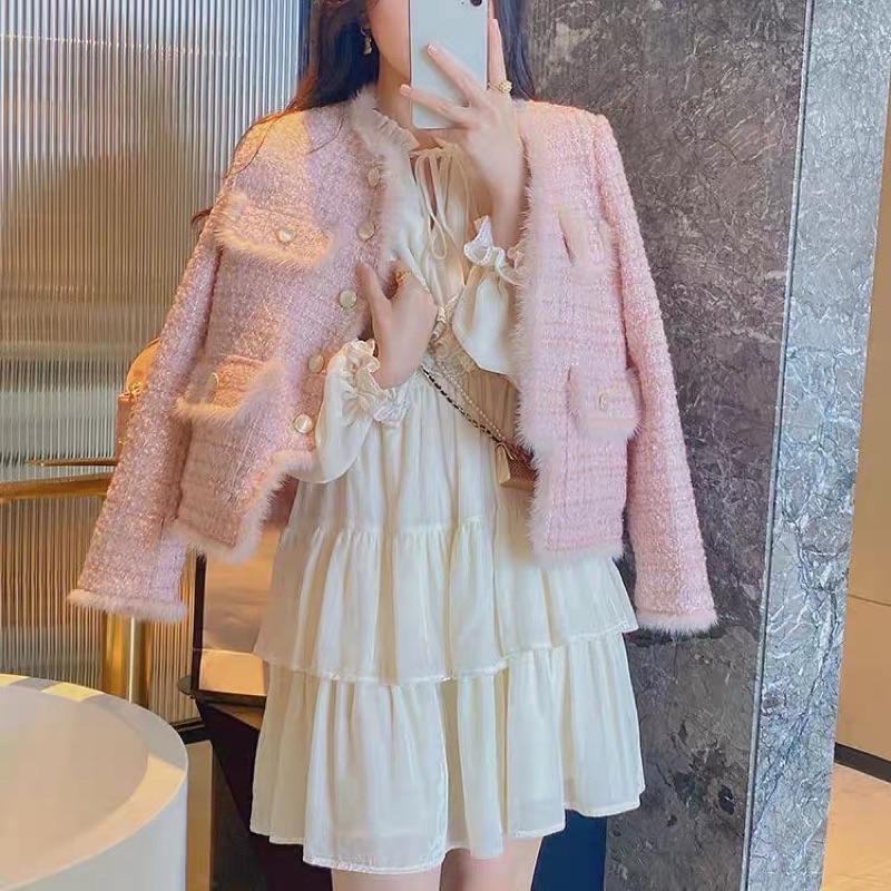 Váy trắng tay bồng dáng dài/ áo khoác dạ tweed màu Hồng tiểu thư xinh xắn dành cho nữ
