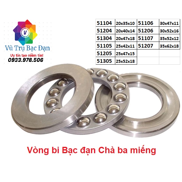 Vòng bi Bạc đạn 51104, 51204, 51304, 51105, 51205, 51305, 51106, 51206, 51107, 51207 (Chà bi tròn 3 miếng) TQ