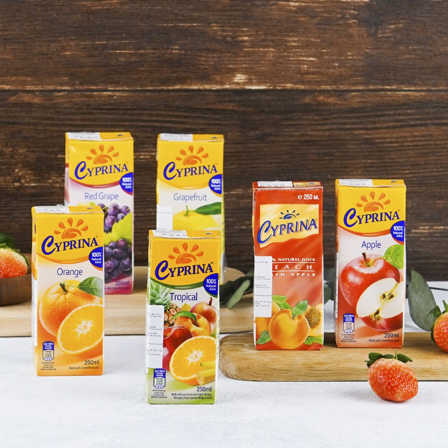 Mix 6 hộp nước ép trái cây nguyên chất Cam, Táo, Nho, Đào, Bưởi nhập khẩu Cộng Hòa Síp CYPRINA 250ml