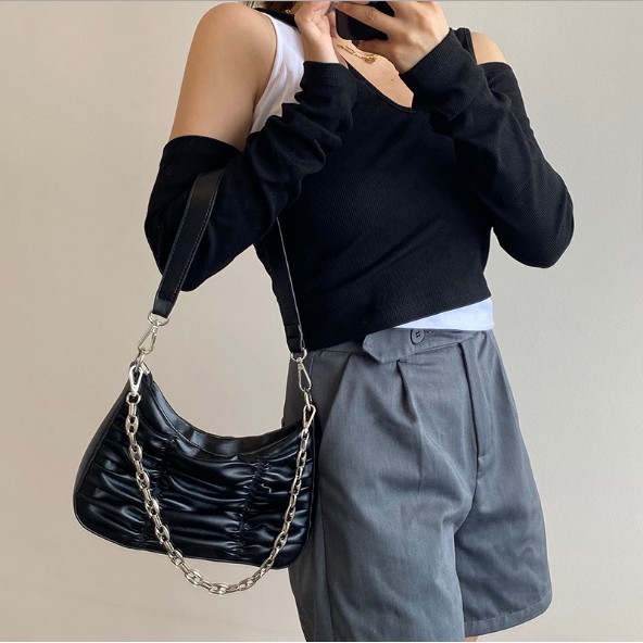 Túi đeo vai bèo nhún phối xích tặng kèm dây kẹp nách A056