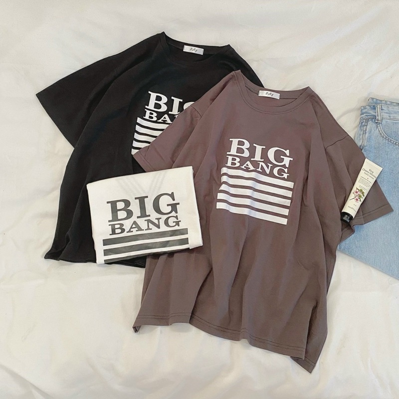 Áo phông hoạ tiết sọc ngang BIGBANG cotton gai form rộng oversize nam nữ phong cách unisex