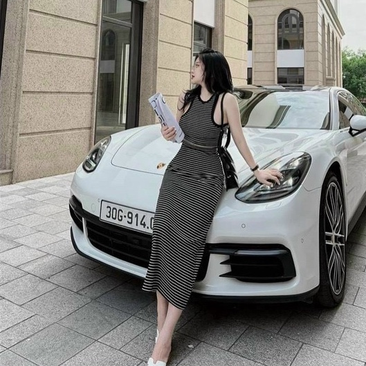 Sét bộ áo 3 lỗ croptop sọc ngang viền màu phối chân váy dài body cực xinh , chất thun gân mềm mịn mk