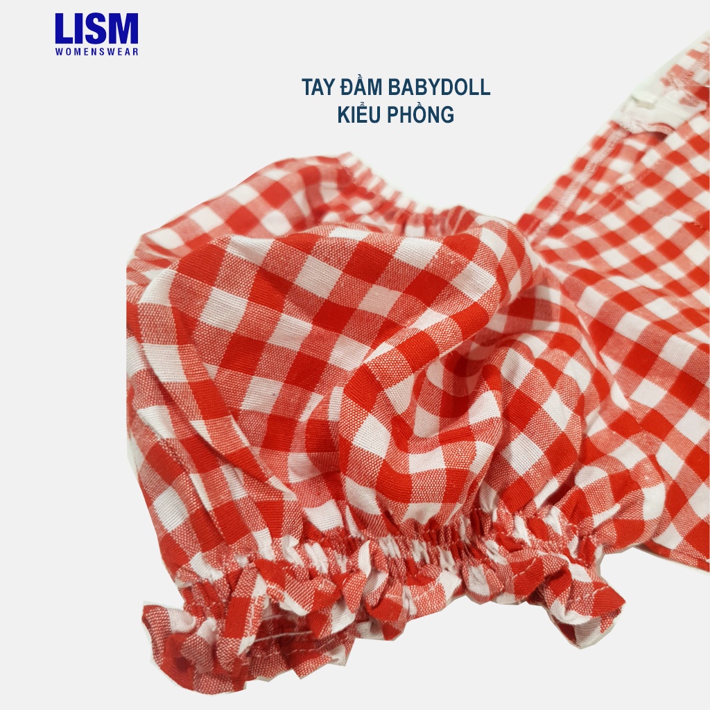 Váy caro đỏ đầm tết cổ vuông tay phồng thiết kế bánh bèo tiểu thư vintage | BigBuy360 - bigbuy360.vn