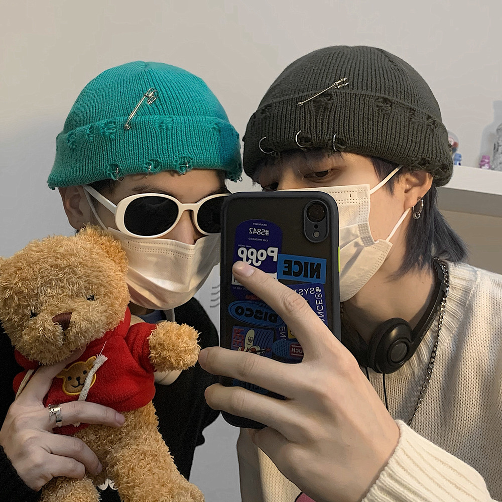 Mũ len dệt kim thiết kế ghim cài thời trang đường phố cá tính