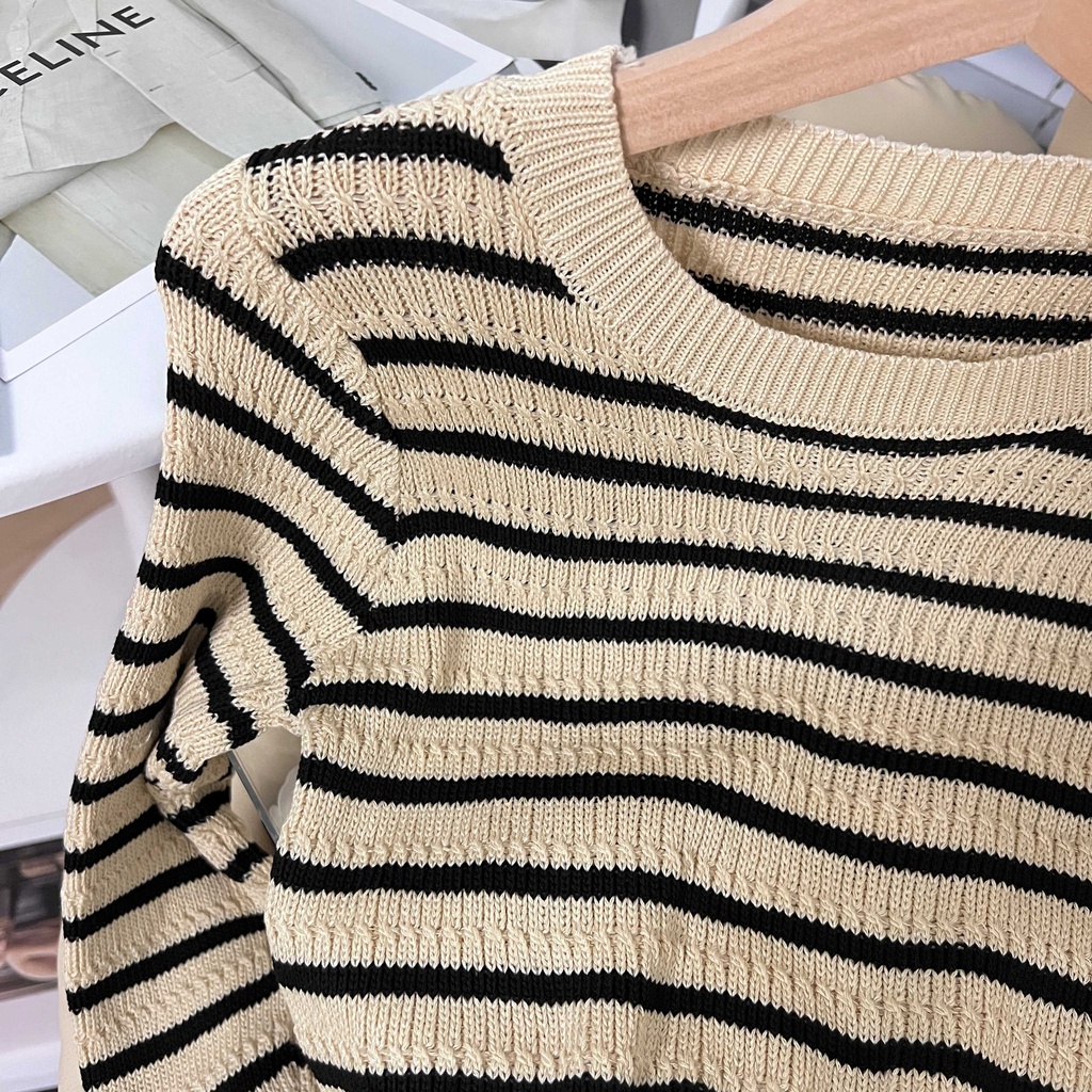 NUZIRO  Áo nữ dệt kim  tay dài cổ tròn họa tiết kẻ sọc phong cách Hàn Quốc
