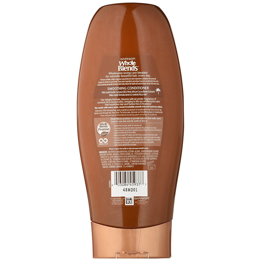 Dầu xả giúp mượt tóc chiết xuất dầu dừa & bơ cacao Garnier Whole Blends Smoothing Conditioner, 650ml (Mỹ)