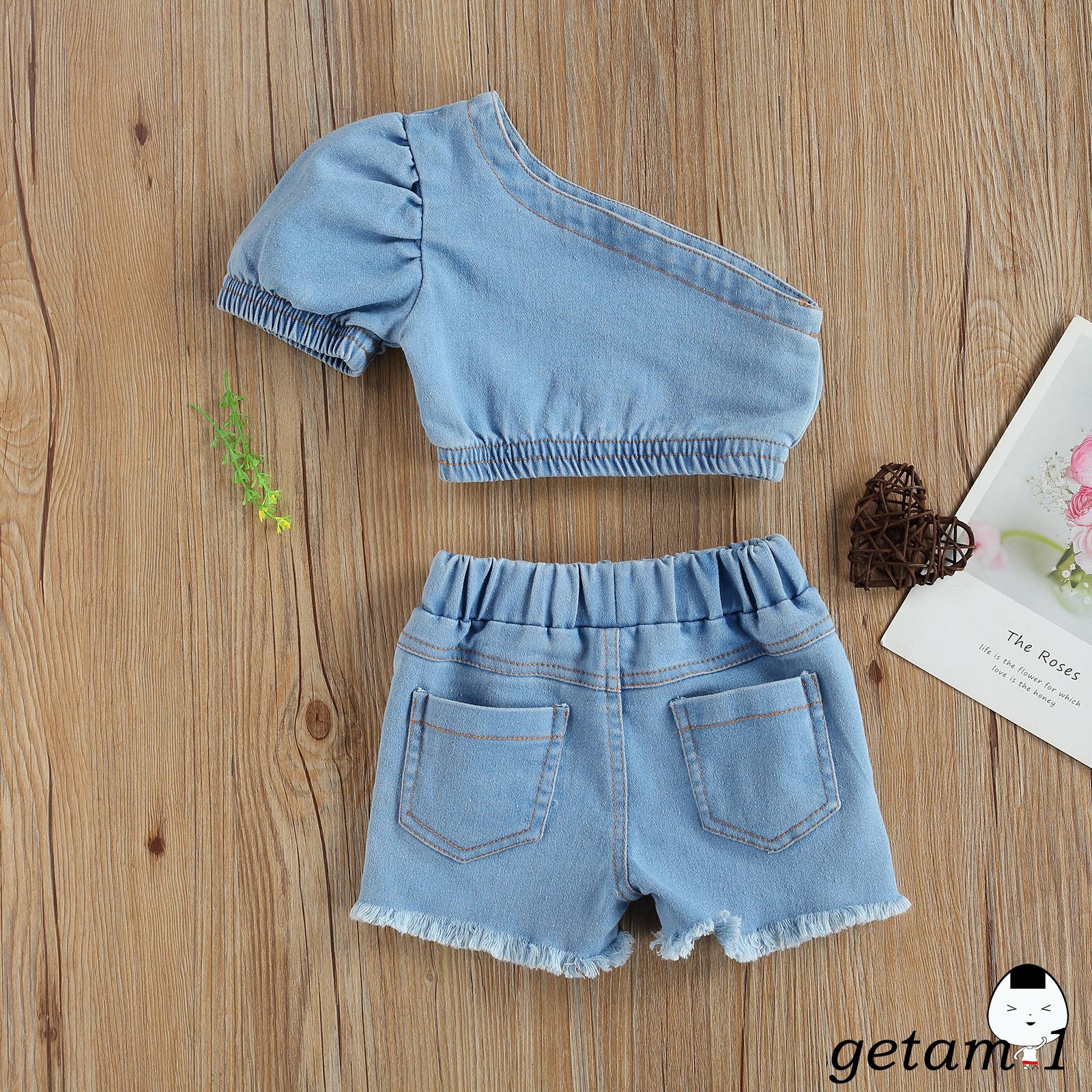 Set Áo Trễ Vai Và Quần Short Denim Đáng Yêu Cho Bé Gái