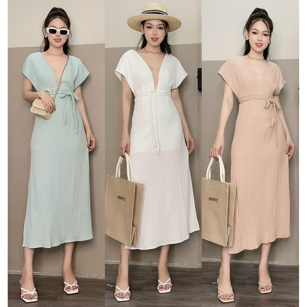 Y HÌNH - ĐẦM MAXI ĐEN / XANH / TRẮNG / NUDE CỔ V TAY DƠI NGỰC PHỐI LƯỚI XẺ TÀ 2 BÊN KÈM DÂY BELT THẮT LƯNG