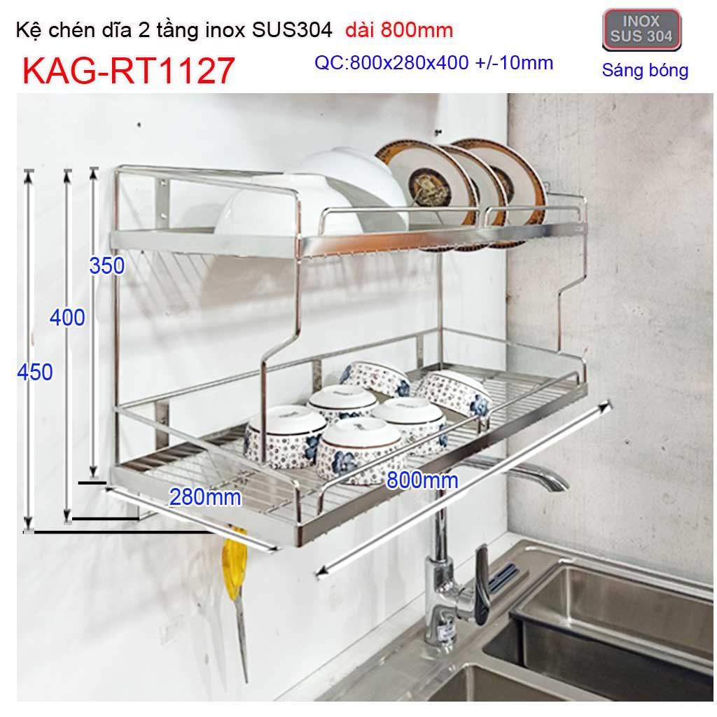 Kệ đựng chén bát inox SUS304, kệ úp chén dĩa 2 tầng dài 80cm KAG-RT1127