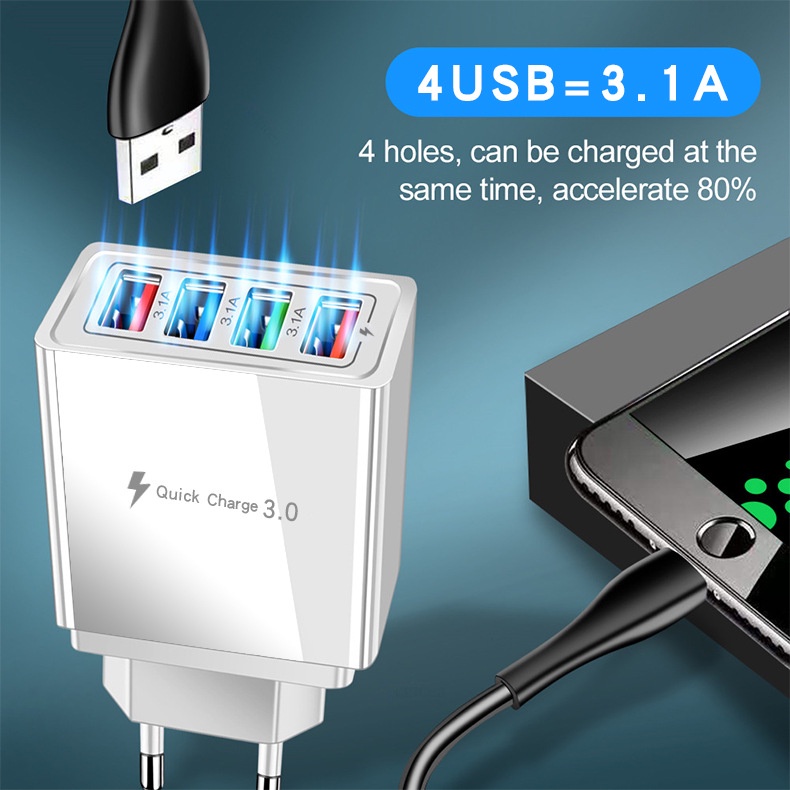 Củ Sạc Nhanh 4 Cổng USB Tiêu Chuẩn Châu Âu ,sạc nhanh an toàn giá rẻ