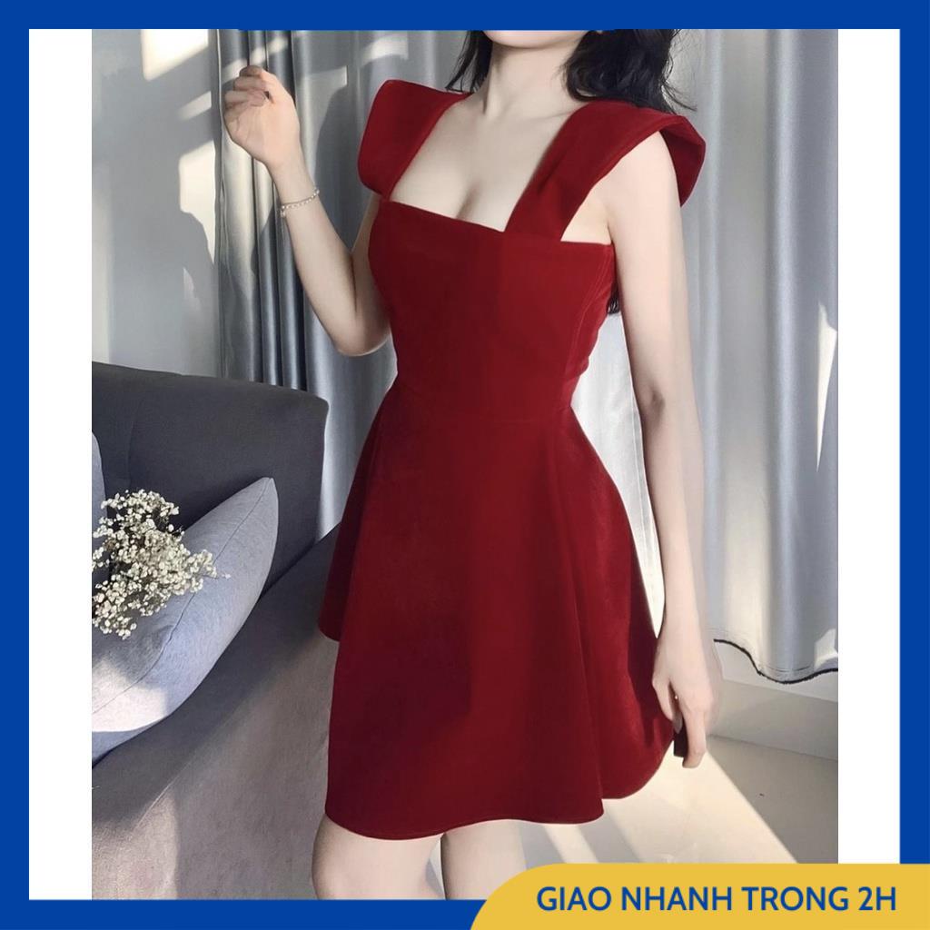 Váy Xòe Nữ Đỏ, Đầm 2 Dây Nữ Cúp Ngực ( Kèm Mút Ngực ) Chất Vải Nhung 2 Lớp Dày Dặn  Xinh Xắn Trẻ Trung Cho Bạn Nữ.