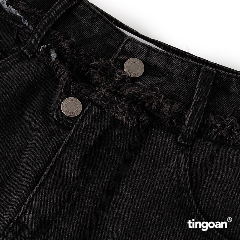 TINGOAN® - Quần short bò cạp rời gấu cắt tua rua đen tingoan MAMIII JEANS SHORTS/LC